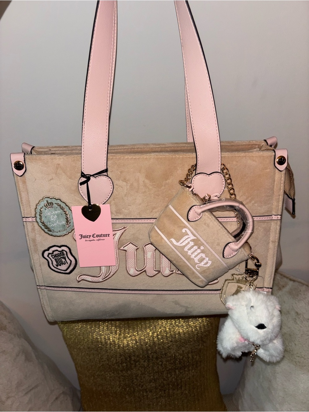 Juicy Couture Beige and Pink Logo Tote with Charm Accents